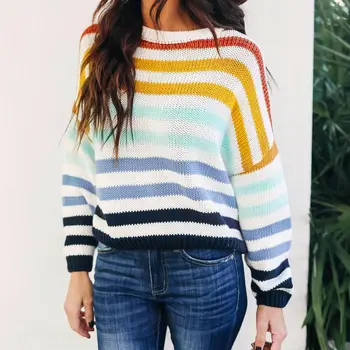 

Fashion Women Girls Autumn Loose Knitting Rainbow Sweater Pullover Jumper O Neck Long Sleeve Casual Tops 2019 New