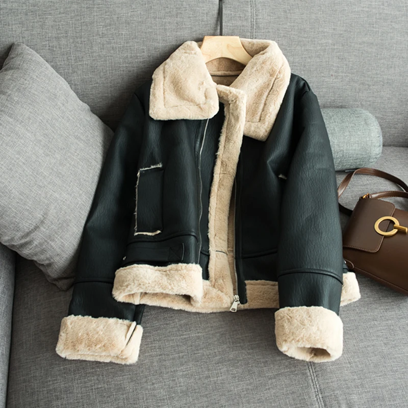 Ideal  Winter Motorcyle Basic Jackets Plush Outerwear Warm Coat Streetwear Punk PU Jacket Faux Fur Jackets