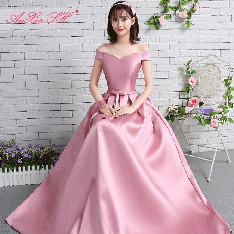 

AnXin SH Princess pink bow evening dresses new style spring Satin pink boat neck evening dress long princess sisters dress