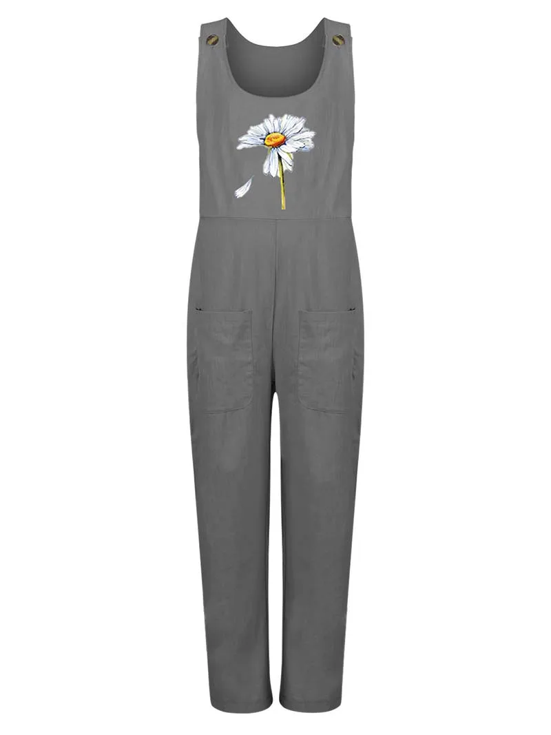 Womens Dungarees Print Rompers 2021 Summer New Ladies Casual Loose Linen Cotton Jumpsuit Sleeveless Pocket Overalls Playsuit