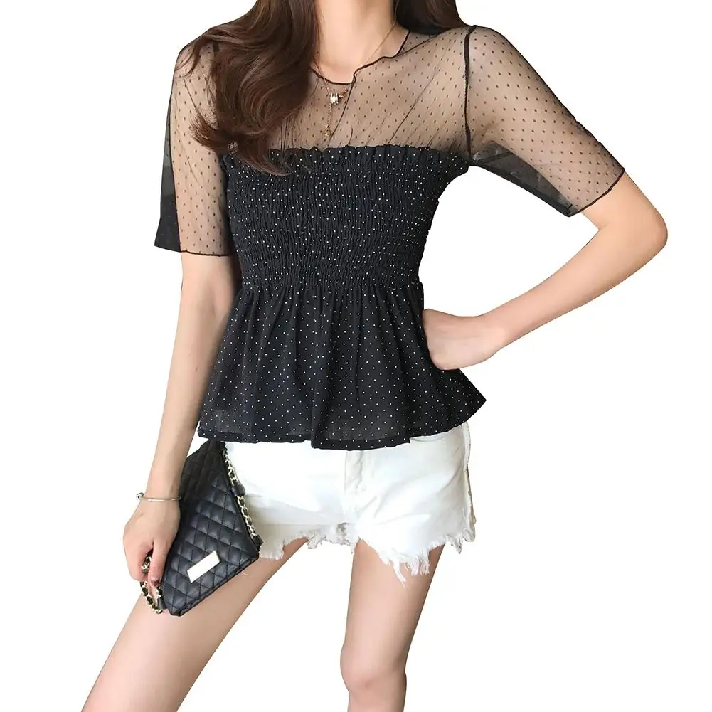 New Fashion Women Blouse Casual Stylish Ruffled Hem Tulle Patchwork Dot Pleated Lace Female Shirt Top 1