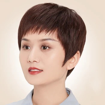 

TALANG human hair ladies middle-aged and elderly mothers round face real hair full headgear natural wig female short hair