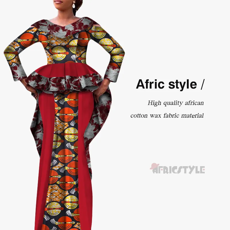 African Dashiki Bazin Dress 2- Piece Top and High Waist Skirt Set model WY5341 - Цвет: 12