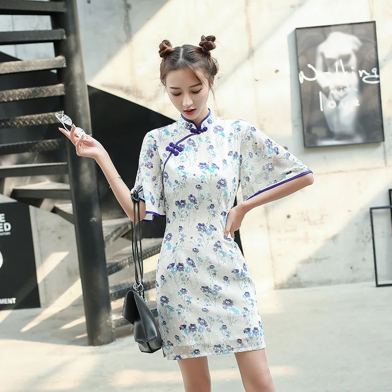

New Sweet Women Short Chiffon Printed Elbow Sleeve Stand Collar Dresses Daily Short Female Dress Pink Fresh Girl Cheongsam