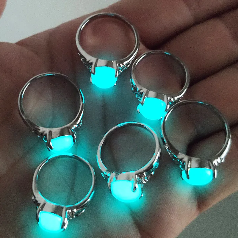 Fashion Silver Color Glow In The Dark Finger Rings Luminous Stone Ring Women Men Fluorescent Glowing Jewelry Gifts | Украшения и