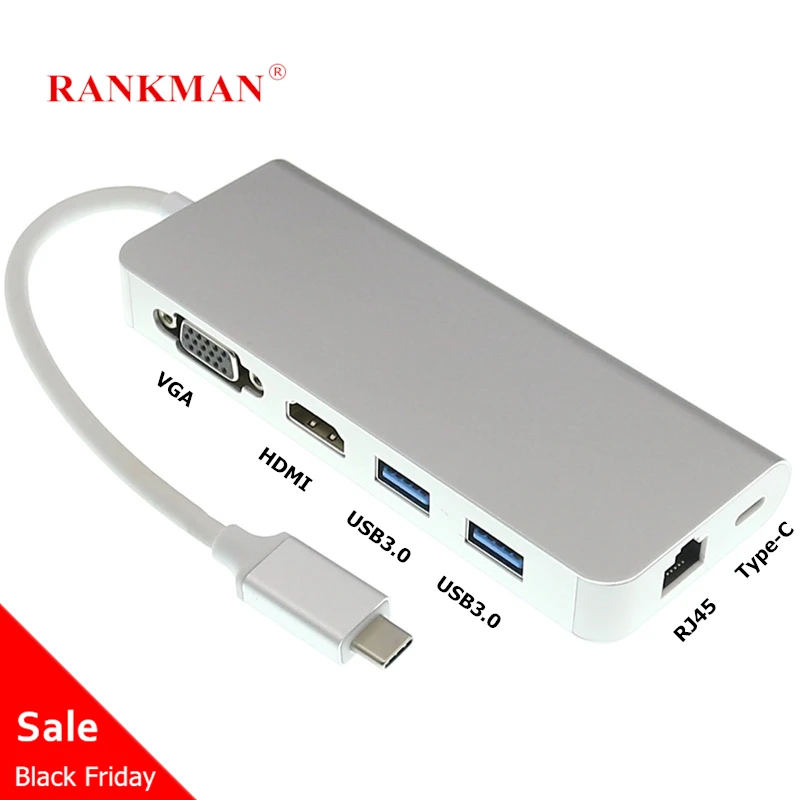 

Rankman Type C to Gigabit RJ45 Lan HDMI VGA USB C 3.0 Adapter for MacBook Samsung S8 Dex Huawei P20 Xiaomi Projector TV Monitor