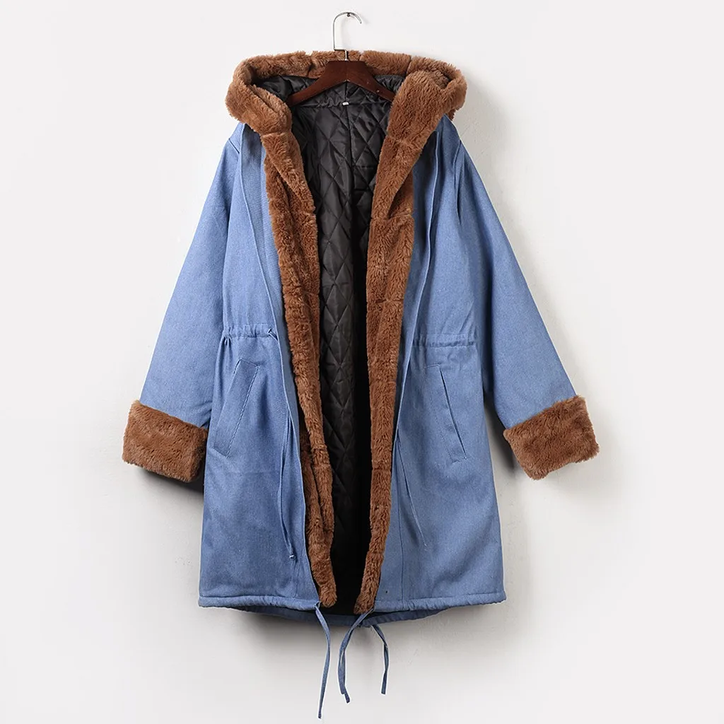JAYCOSIN Женское пальто элегантное флисовое женское джинсовое зимнее с капюшоном плотное теплое рыбий хвост длинная куртка карман на молнии Верхняя одежда