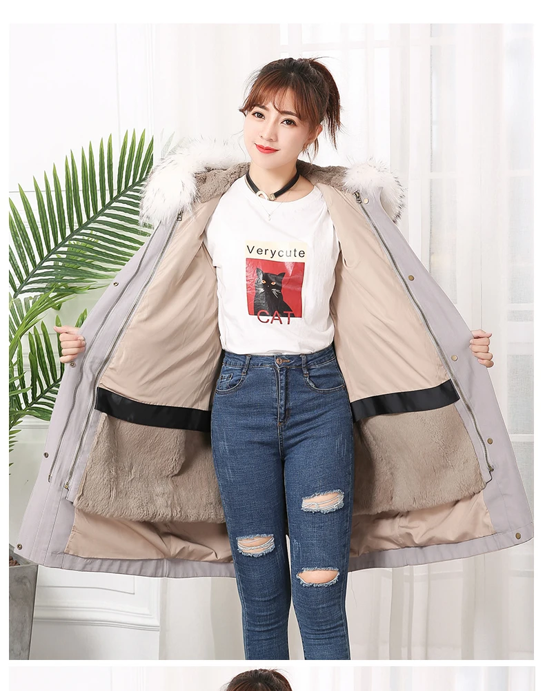 Fur Parkas Safari Style Plus Size Real Fox Fur Drawstring Waist Hooded Rabbit Fur Lining Long Coat Women Winter Color Block Coat