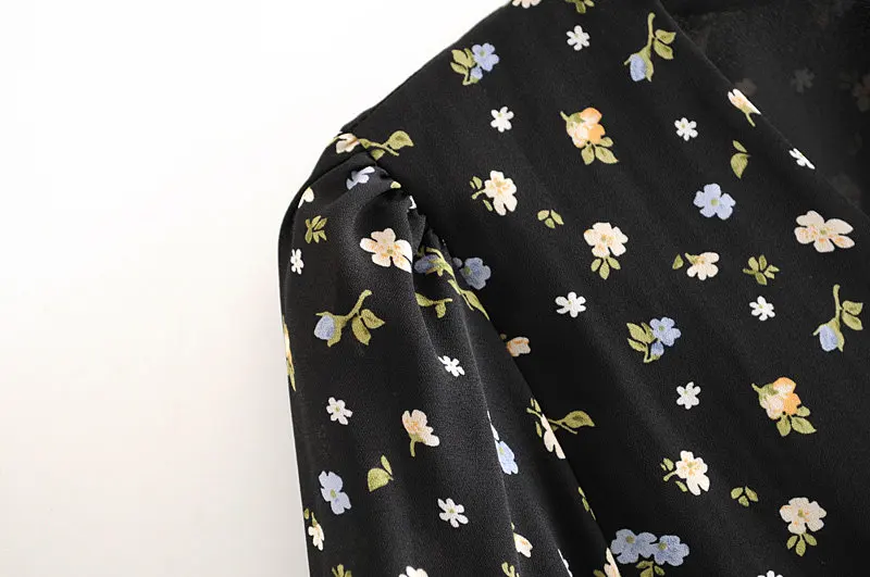 Сладкий Для женщин Винтаж Цветочный принт летнее платье женские блузы с длинным рукавом v-образный вырез с эластичной резинкой на талии, мини-платья трапециевидной формы шифоновое платье короткий OMZZ6890