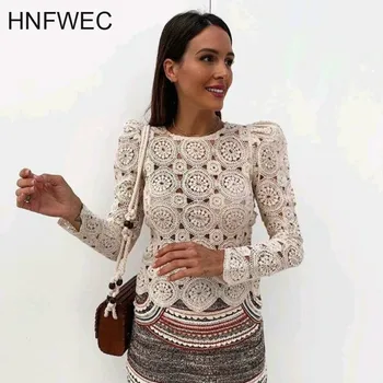 

new arrival long sleeve white black lace chiffon women's tops and blouses Hollow out floral blusas mujer 2019 P008