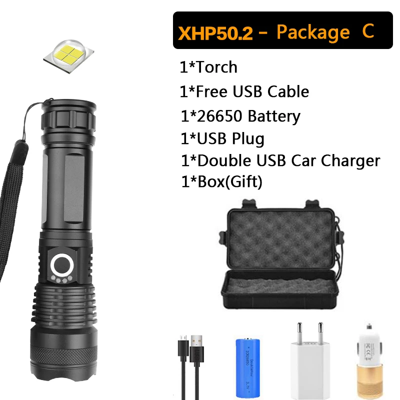 Самый мощный XHP90 светодиодный светильник-вспышка XLamp с 26650 аккумулятором ZoomTorch XHP70.2 перезаряжаемый Тактический светильник для охоты - Испускаемый цвет: C-XHP50.2