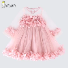 Welaken/Новые сетчатые платья принцессы кружевные Детские платья для девочек, летняя одежда для девочек, платье с длинными рукавами для маленьких девочек одежда для маленьких девочек