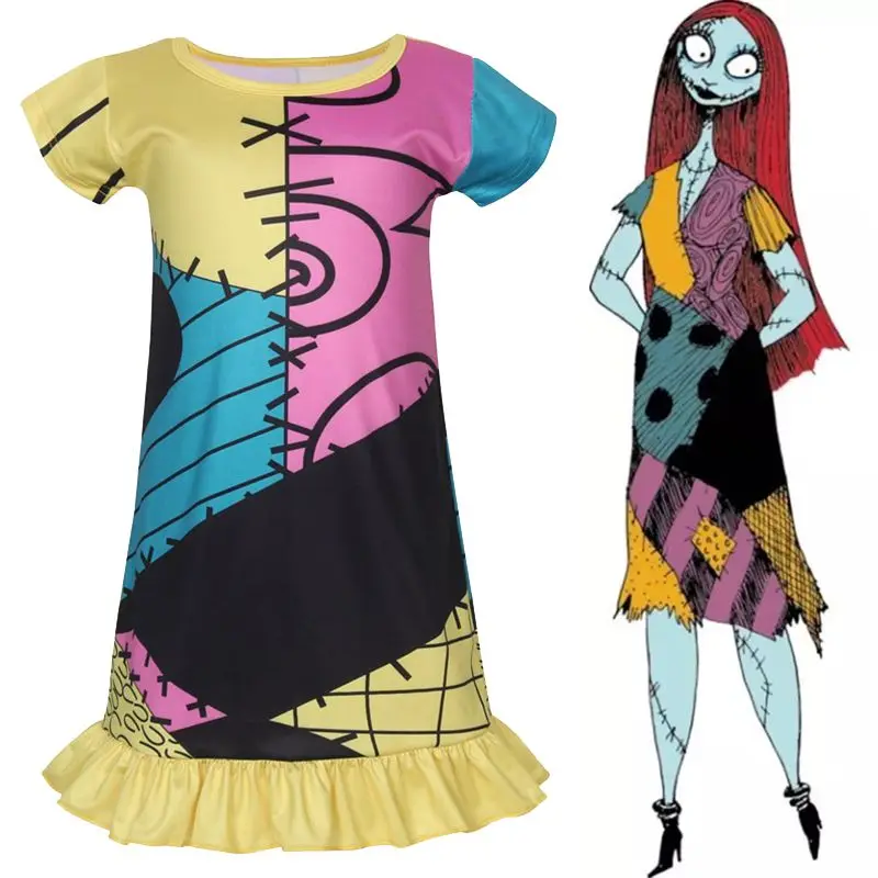 

The Nightmare Before Christmas Sally Cosplay Costume Girls Halloween Xmas Party Sally Printed Dress Cartoon Nightgown For Kids