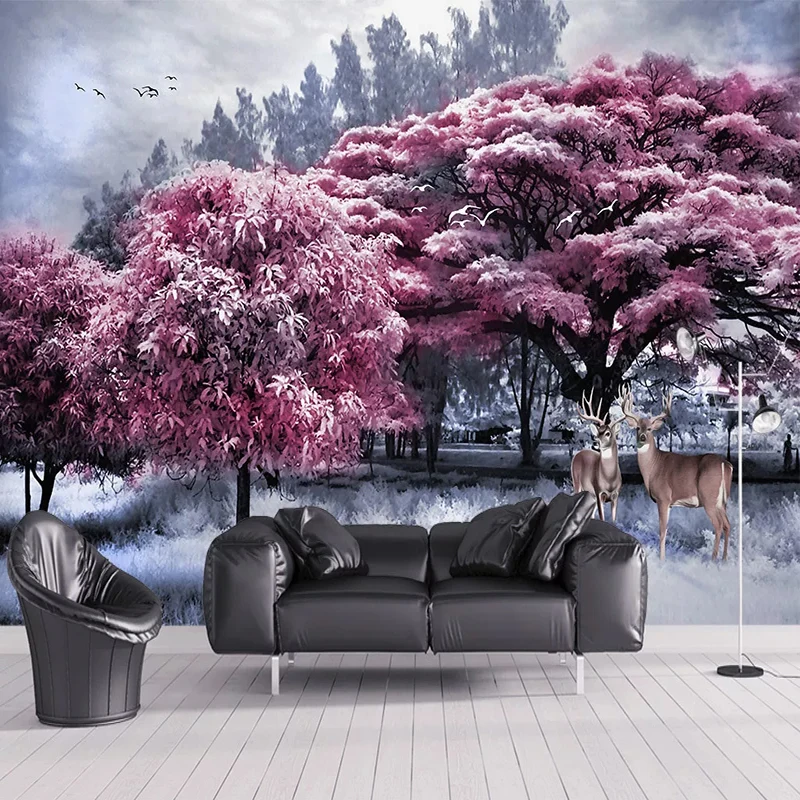 

Drop Shipping Custom Photo Mural Pink Forest Big Tree Elk Nature Landscape 3D Wall Painting Waterproof Canvas Wallpaper