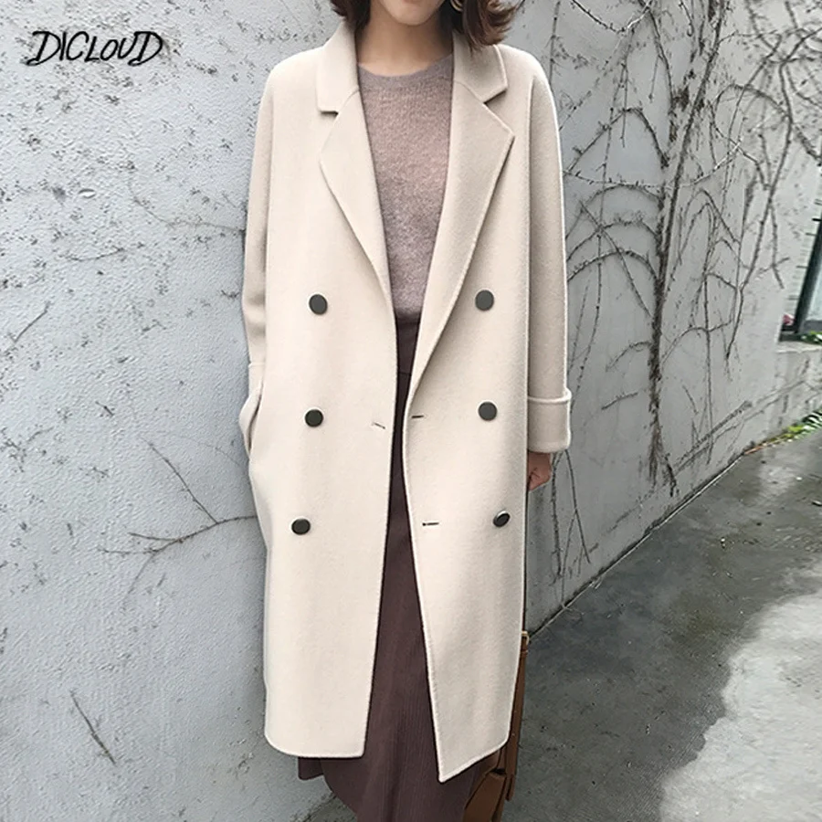 

2019 Fashion Korean Long Coat Ladies Loose Slim Oversized White Winter Coat Women Casual Simple Plus Size Wool Coats Female