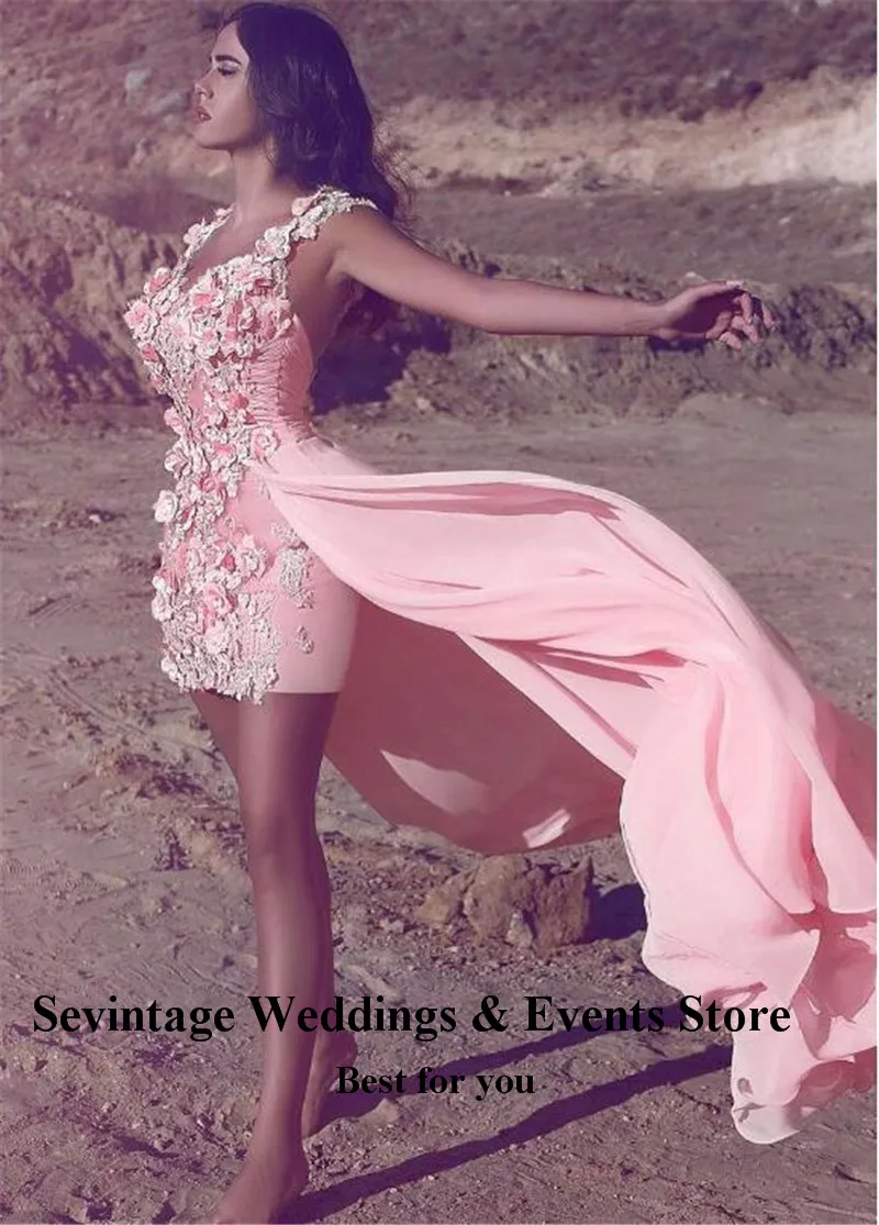 Sevintage 3D цветы Высокая Низкая мини-Выпускные платья с длинной юбкой плиссированные шифоновые вечерние платья для особых случаев vestidos de fiesta