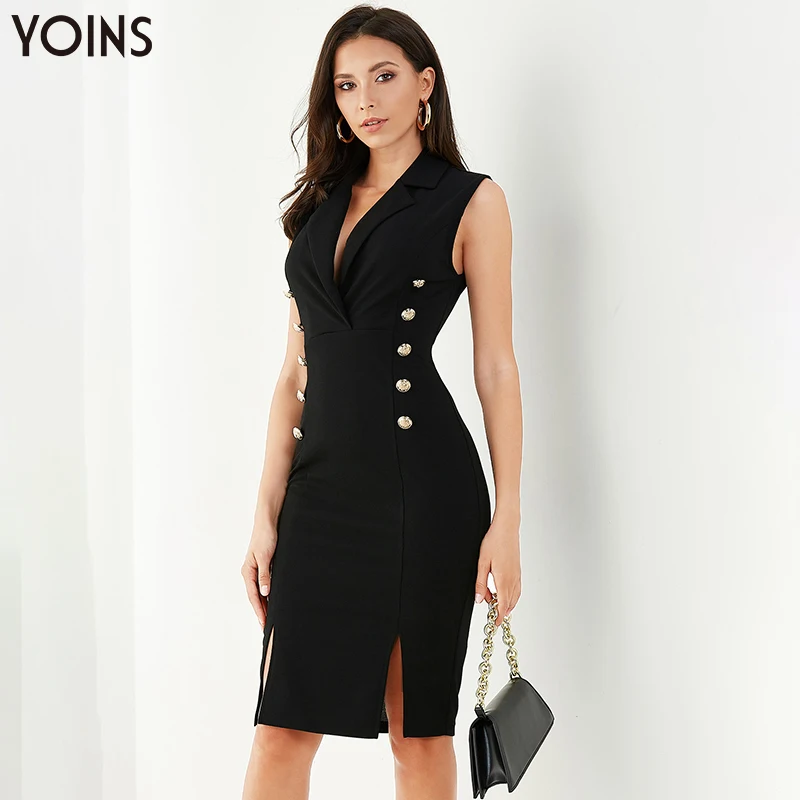 YOINS Elegant Button Front Lapel Collar Sleeveless Slit Hem Mini Dress