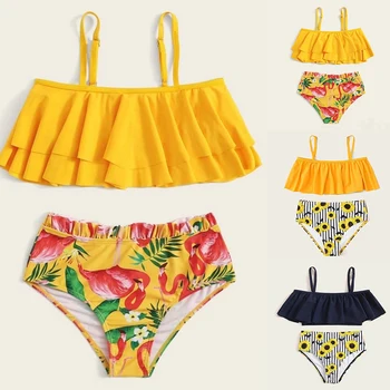 

Two Pieces Women's Set Baby Girls Ruffle Floral bikinis Kids Child Flamingo Swimwear High Waist Bathing Suit Beachwear
