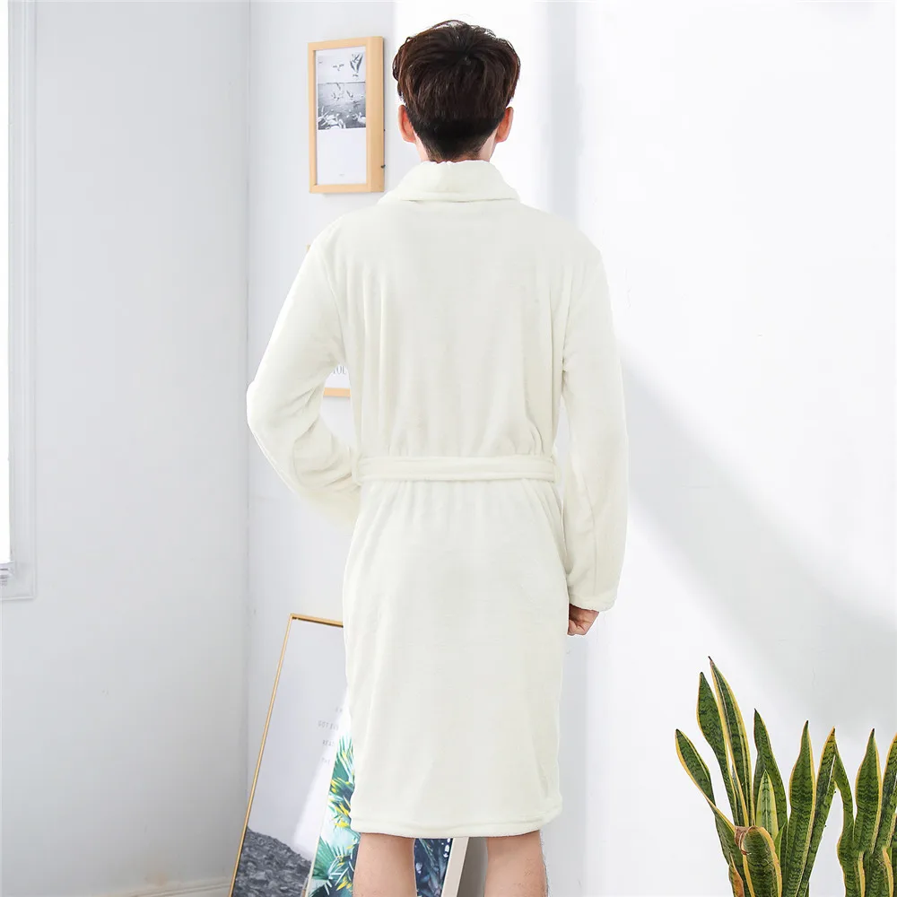 Мужской белый коралловый флисовый халат-кимоно, одежда для сна, фланелевая Ночная одежда, домашняя одежда, зимняя теплая Повседневная Ночная рубашка