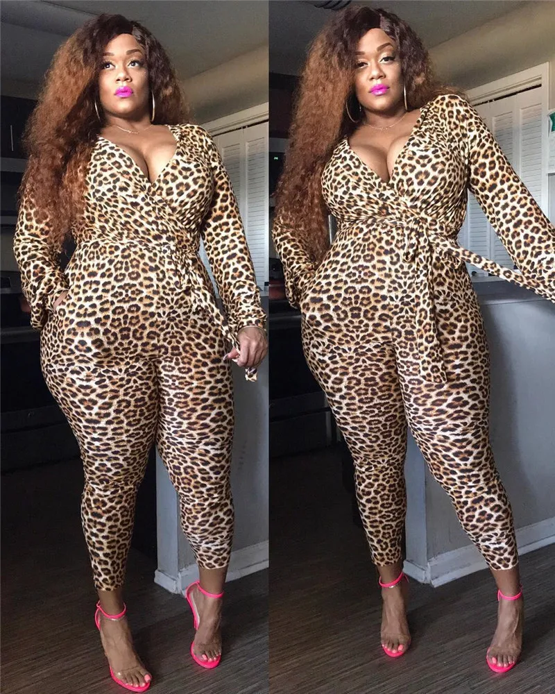 

Women Leopard Print Jumpsuit Long Sleeve V-neck High Waist Tie Up Romper for Spring and Autumn