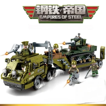 

WW2 US Army Heavy Trailer Building Blocks toys EMPIRES OF STEEL Tank Truck Army figures Set tank model SWAT Military Toys