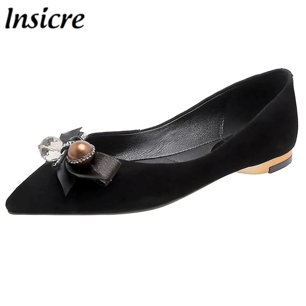 

Insicre Kid Suede Women Flat Butterfly-Knot Pointed Toe 2020 Spring Summer Female Casual Shoes Low Heel Slip On Black
