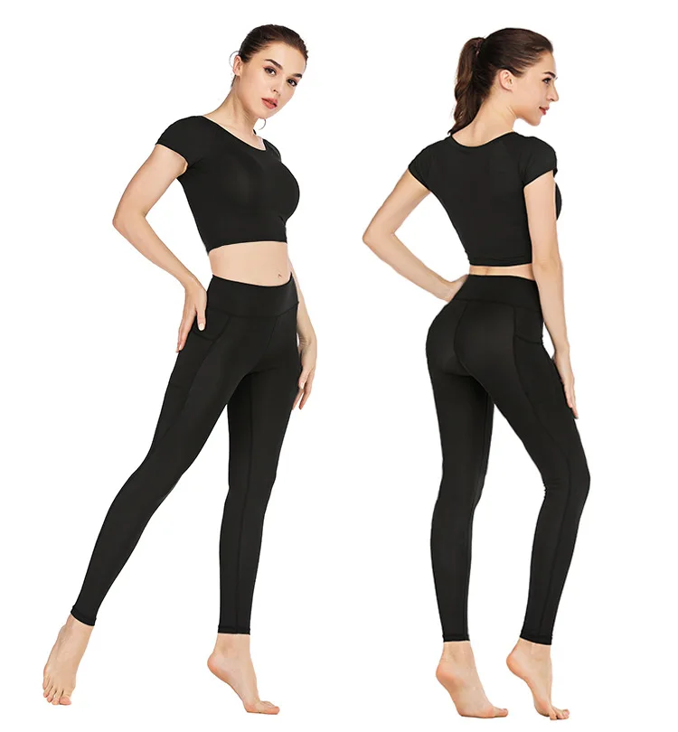 Midriff-baring спортивный костюм для женщин комплект из 2 предметов для йоги футболка+ брюки Быстросохнущий карман дизайн колготки леггинсы Женская спортивная одежда