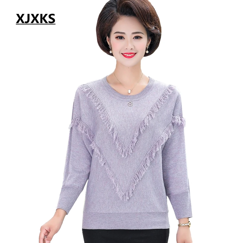 

XJXKS Autumn 2019 Women Sweater Oversized Sweater Fashion Round Neck Pullover Bat sleeve Tassel Knitted Women Sweater