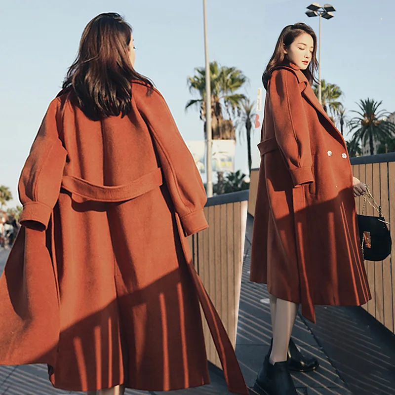 Зимнее женское пальто, новинка, шерстяное пальто с рукавами-фонариками, Кашемировое длинное одноцветное тонкое шерстяное пальто