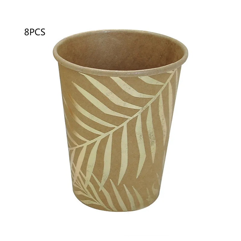 8PCS Paper Cup Одноразовые из крафт-бумаги набор бумажной посуды золотой цвет пальмового листа шаблон тарелка бумажная чашка полотенце Свадьба День рождения столовые приборы C1146 b - Цвет: 8PCS Paper Cup