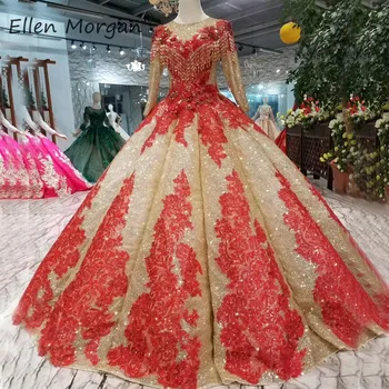 

Colorful Glitter Gold Long Sleeves Prom Dresses Ball Gowns 2020 Elegant Red Lace Boat Neck Beading Sequins Prom Party Dress