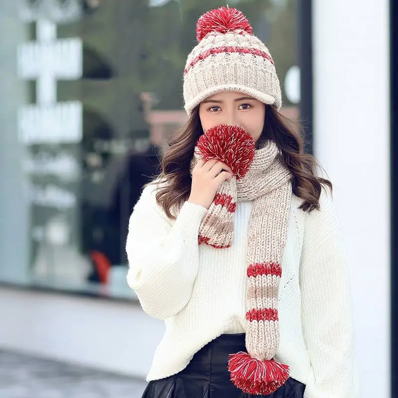 Зимняя женская шапка и шарф-перчатка, комплект для женщин, утолщенная шерсть, теплые вязаные шапки и шарфы, Шапка-бини, зимняя женская шапка