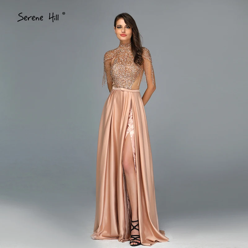 Дубай золотые блестящие платья для выпускного вечера с высоким воротом новейший дизайн без рукавов с кисточками платья для выпускного с бусинами Serene Хилл BLA60998