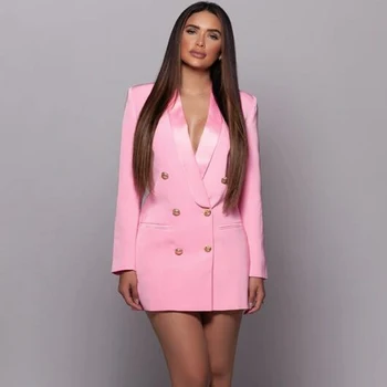 

Pink Blazer Deep V Neck Full Sleeved Gold Button Mini Dress Night Club Party Autumn Winter