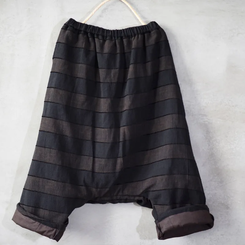 Хлопковые льняные женские брюки зима осень 2019 теплые плотные клетчатые широкие с