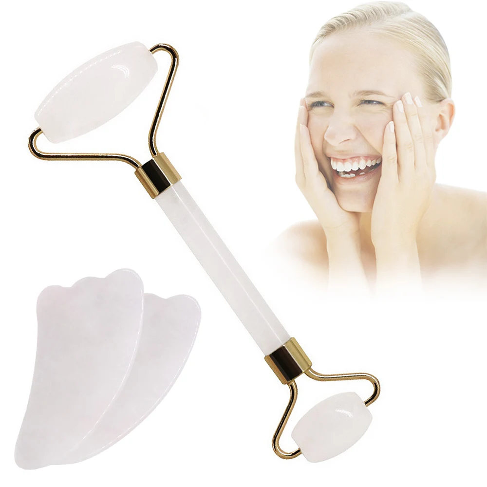 

White Natural Jade Roller Jade Stone Gua Sha Set Quartz Board Face Massager Facial Roller Anti Aging Massage for Back Body Neck