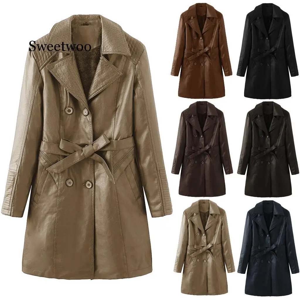 

Women Brown Soft Leather Jacket Dress Medium Length Slim Faux PU Leather Coats Elegant Tie Belt Waist Pockets Outfits