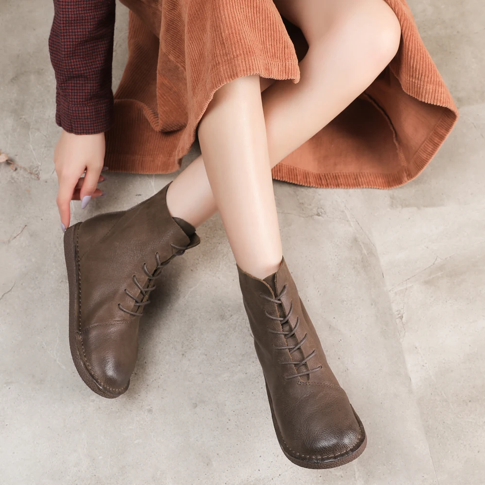 

Anance new women's shoes Roman handmade leather Martin boots 2020 spring and autumn comfortable flat car stitching women shoes