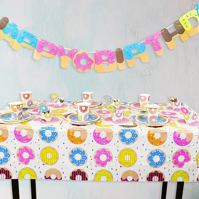 Donuts Disposable Tableware Paper Plate Cups Napkins Banners Pvc Tablecloth Doughnut Children Birthday Party Decoration Supplies Disposable Party Tableware Aliexpress