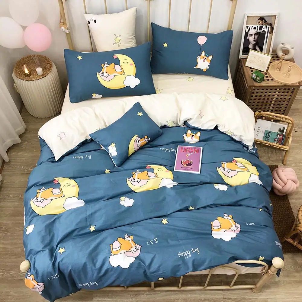 

2019 Cartoon Blue Corgi Moon Duvet Cover Set Kids Children Flat Sheet Cotton Bedlinens Twin Queen Bedding Sets Pillowcases
