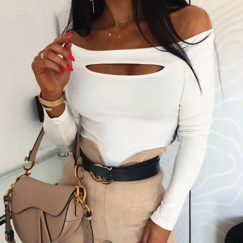 Fashion Women Sexy Off Shoulder Tops Ladies Casual Slim Fit Tee Plain Stretch Bardot Hollow Out Long Sleeve T-Shirt Pullover