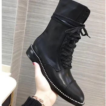 

zapatos de mujer Genuine Leather Black Women Ankle Boots Sexy Rivets Studed Round Toe Lace Up Short Boots Winter Ankle Booties