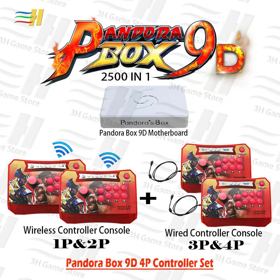 Pandora Box 9D 4 игрока контроллер Набор беспроводной 1P& 2P и проводной 3P& 4 P бой аркадная палка консоль 2500 В 1 есть 3d игры tekken