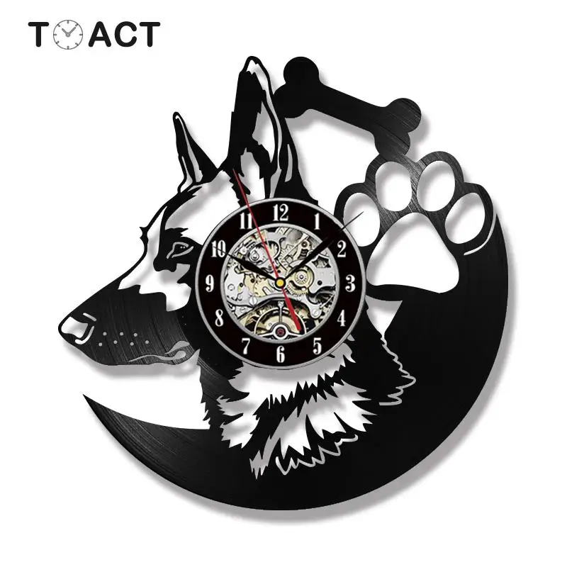 German Shepherd Dog Record Clock Luminous LED Clocks for Living Room Vinyl Hanging Watch Lighting Amimal Decor | Дом и сад