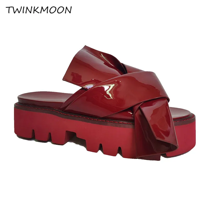 Platform Sandal Chunky Heel Slippers Women Flats Thick Heel Slides Patent Leather Candy Color Designer Summer Shoes zapatos muje
