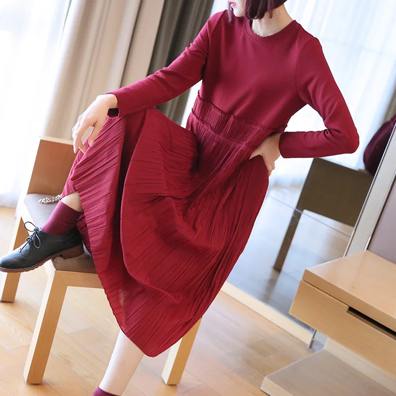 

2020 New Autumn and Winter Women's Long Sleeve Loose Big Swing Midi Patchwork Red French Retro Dresses Elegant Robe Hiver Femme