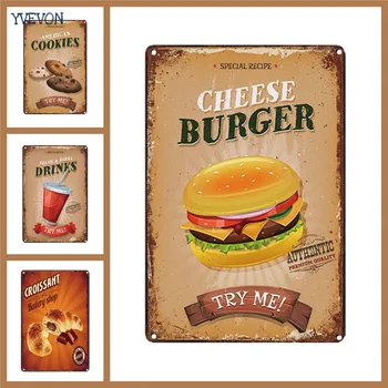 

TRY ME Cheese Burger Metal Signs Hamburgers Poster Fast Food Wall Art COOKIES Plaque Cafe CROISSANT House Decor Vintage 20x30cm