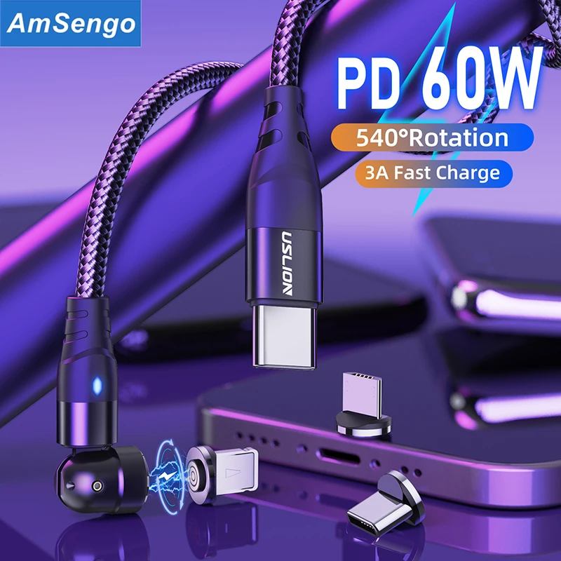 Магнитный USB-кабель Amsengo 60 Вт для iPhone MacBook Pro Xiaomi Samsung 3A PD кабели быстрой зарядки Type-C