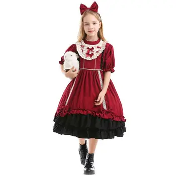 

Kids Girls Short Sleeve Bowknot Dress Spanish Vintage Lolita Princess Halloween Carnival Party Cosplay Costume Props