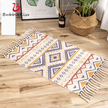 

Bubble Kiss Bohemian Style Cotton And Linen Carpet Hand-Woven Tassel Area Carpet For Bedroom Corridor Decor Non-Slip Floor Mat